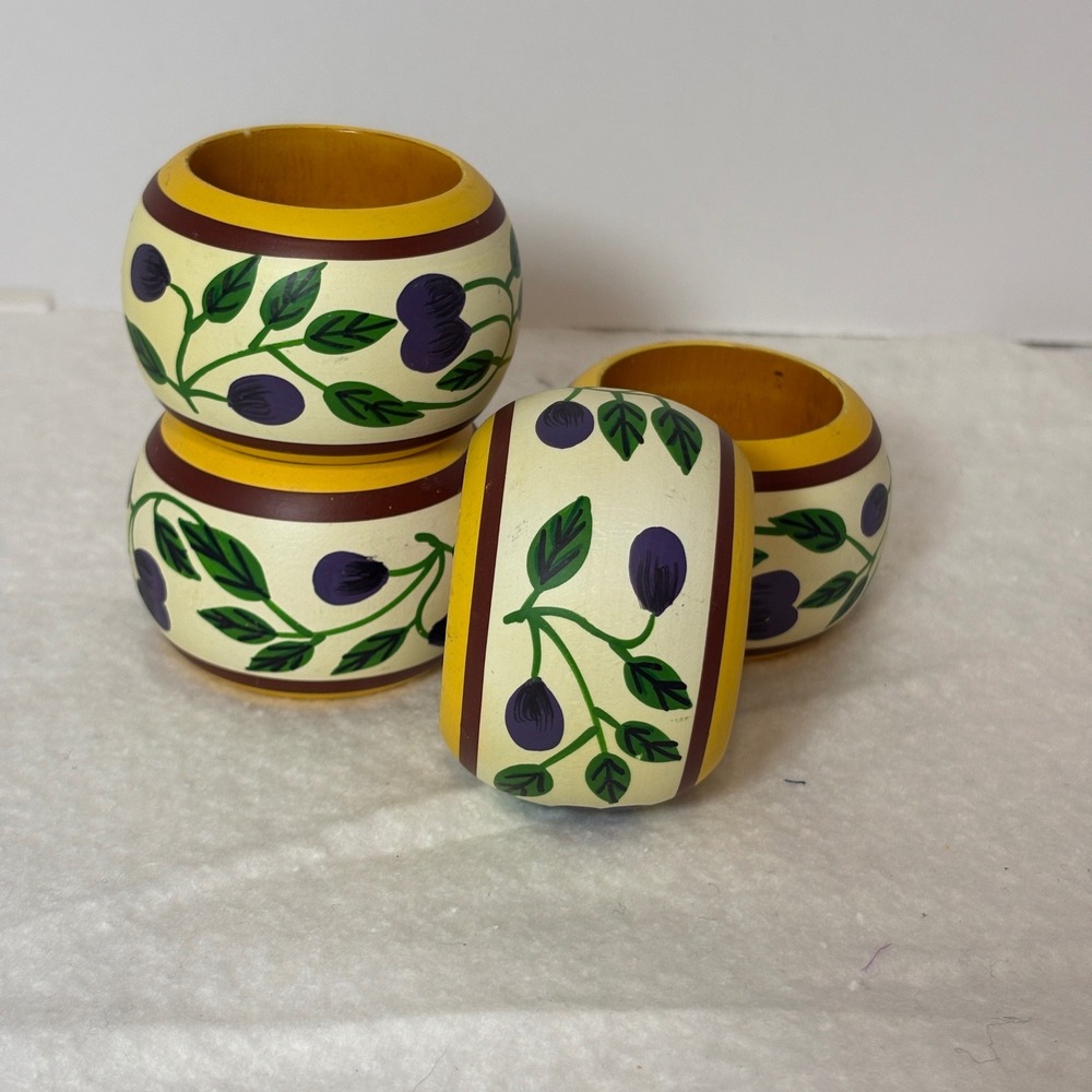 Vintage Hand Painted Wood Napkin Rings Set of 4 Plum Floral Farmhouse Decor